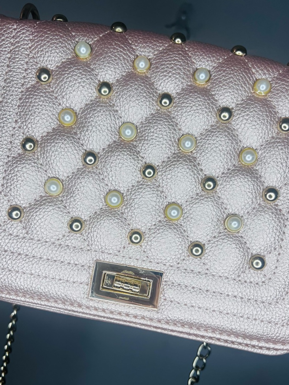 Pearl-Stud Quilted Metallic Pink Shoulder Bag